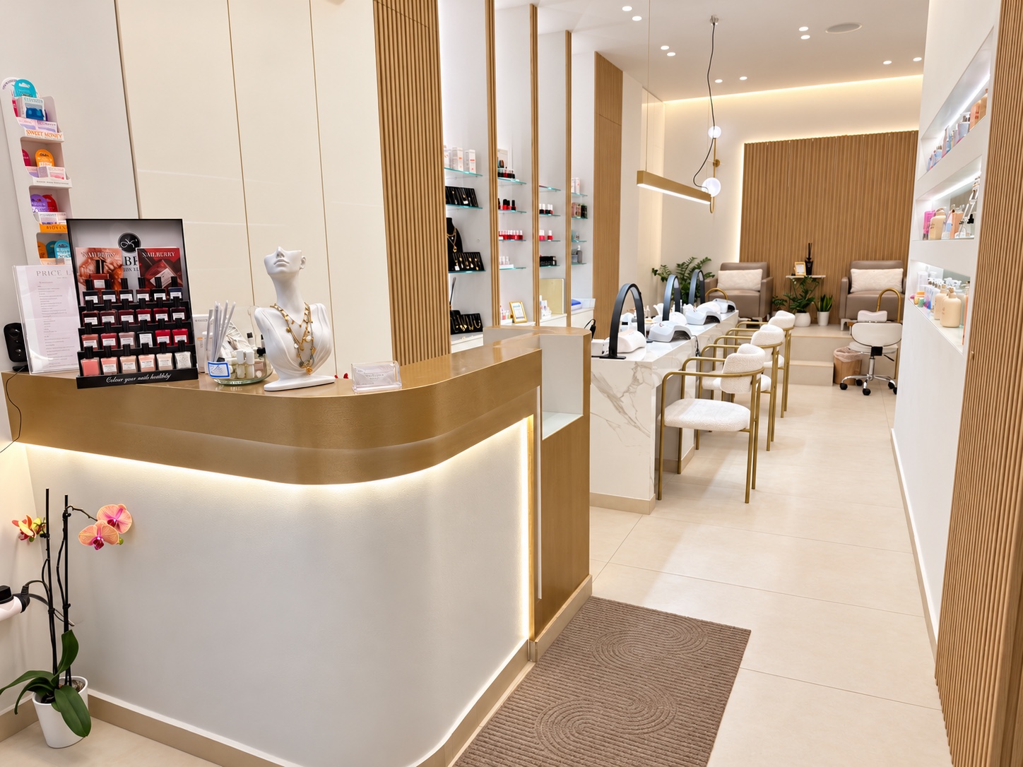 Ο αυθεντικός χώρος NaiLuxe με ζεστό φωτισμό και φυσικές αποχρώσεις
